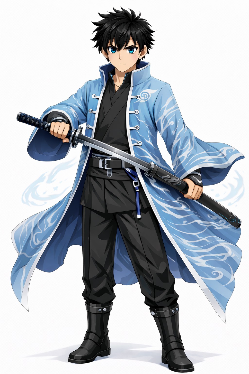 Ishan, a black-haired anime swordsman in a sky-blue coat